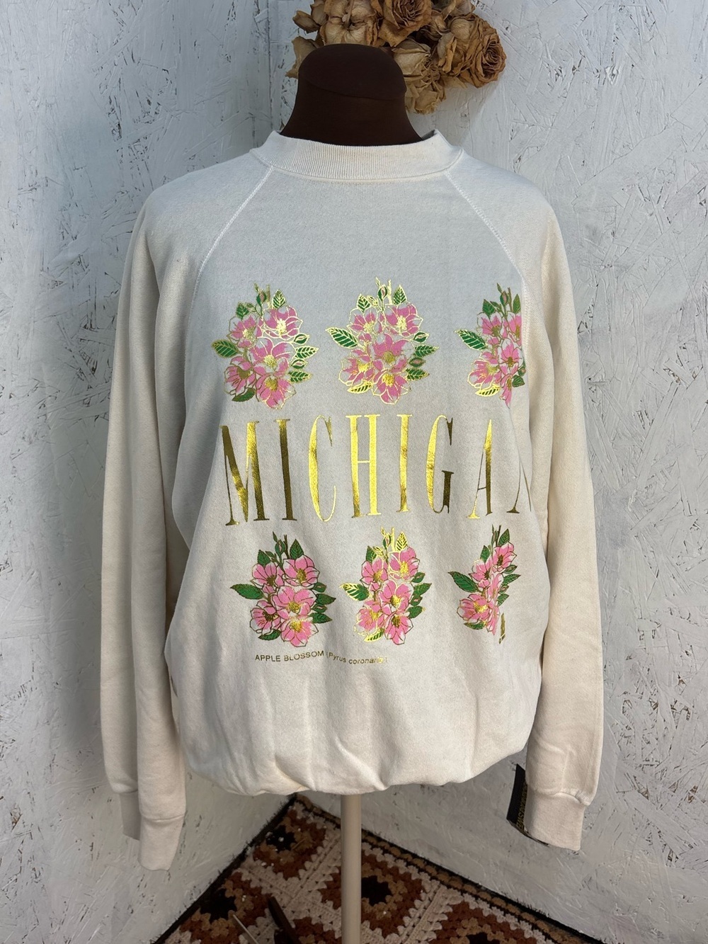 NWT 90s Vintage Tultex Michigan Floral Gold Ivory Sweatshirt Size XL